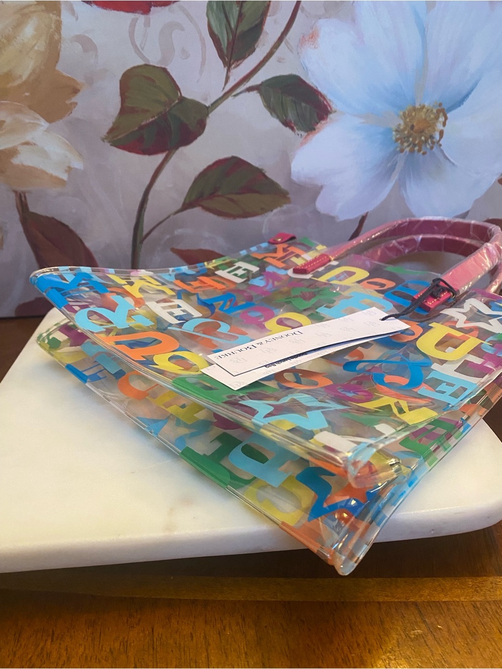 Dooney & Bourke Clear Multicolor Letter-Print “Doodle” Tote w/Pink Handles (NWT) - Picture 8 of 11